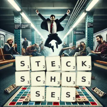 Kreative Illustration für ein Scrabble-Spiel, bei dem das Wort STECKSCHUSSES mit Steinen auf dem Brett gelegt wurde.