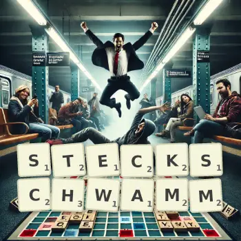 Kreative Illustration für ein Scrabble-Spiel, bei dem das Wort STECKSCHWAMM mit Steinen auf dem Brett gelegt wurde.