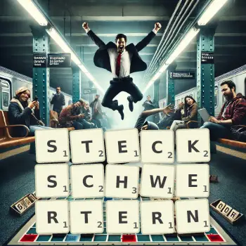 Kreative Illustration für ein Scrabble-Spiel, bei dem das Wort STECKSCHWERTERN mit Steinen auf dem Brett gelegt wurde.