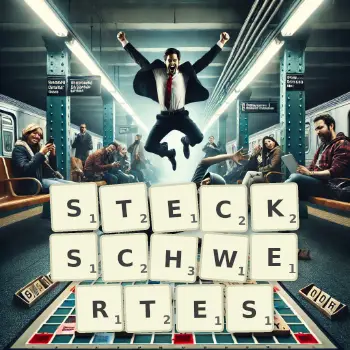 Kreative Illustration für ein Scrabble-Spiel, bei dem das Wort STECKSCHWERTES mit Steinen auf dem Brett gelegt wurde.