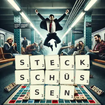 Kreative Illustration für ein Scrabble-Spiel, bei dem das Wort STECKSCHÜSSEN mit Steinen auf dem Brett gelegt wurde.