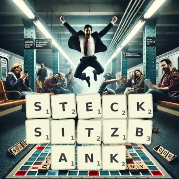 Kreative Illustration für ein Scrabble-Spiel, bei dem das Wort STECKSITZBANK mit Steinen auf dem Brett gelegt wurde.