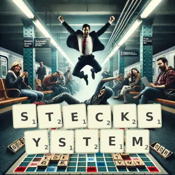 Kreative Illustration für ein Scrabble-Spiel, bei dem das Wort STECKSYSTEM mit Steinen auf dem Brett gelegt wurde.