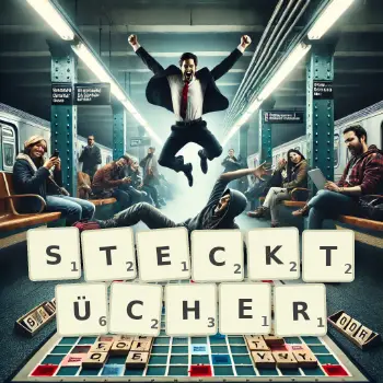 Kreative Illustration für ein Scrabble-Spiel, bei dem das Wort STECKTÜCHER mit Steinen auf dem Brett gelegt wurde.