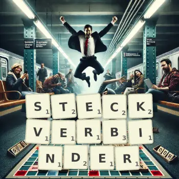 Kreative Illustration für ein Scrabble-Spiel, bei dem das Wort STECKVERBINDER mit Steinen auf dem Brett gelegt wurde.