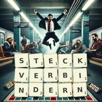 Kreative Illustration für ein Scrabble-Spiel, bei dem das Wort STECKVERBINDERN mit Steinen auf dem Brett gelegt wurde.