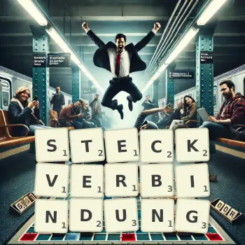 Kreative Illustration für ein Scrabble-Spiel, bei dem das Wort STECKVERBINDUNG mit Steinen auf dem Brett gelegt wurde.