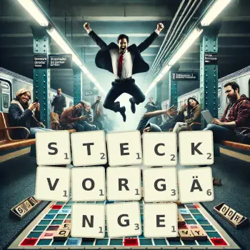 Kreative Illustration für ein Scrabble-Spiel, bei dem das Wort STECKVORGÄNGE mit Steinen auf dem Brett gelegt wurde.