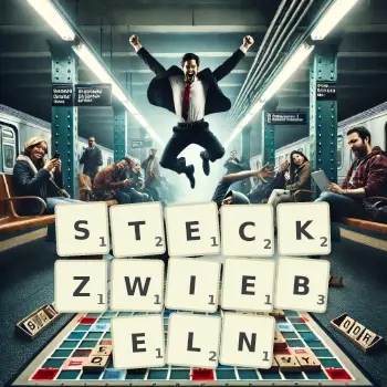 Kreative Illustration für ein Scrabble-Spiel, bei dem das Wort STECKZWIEBELN mit Steinen auf dem Brett gelegt wurde.
