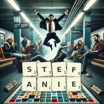 Kreative Illustration für ein Scrabble-Spiel, bei dem das Wort STEFANIE mit Steinen auf dem Brett gelegt wurde.