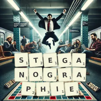 Kreative Illustration für ein Scrabble-Spiel, bei dem das Wort STEGANOGRAPHIE mit Steinen auf dem Brett gelegt wurde.