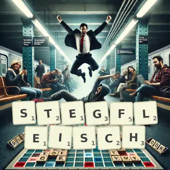 Kreative Illustration für ein Scrabble-Spiel, bei dem das Wort STEGFLEISCH mit Steinen auf dem Brett gelegt wurde.