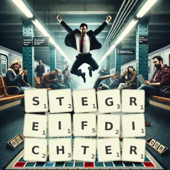 Kreative Illustration für ein Scrabble-Spiel, bei dem das Wort STEGREIFDICHTER mit Steinen auf dem Brett gelegt wurde.