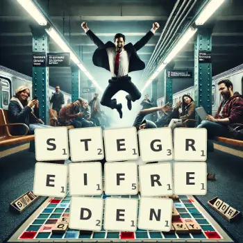 Kreative Illustration für ein Scrabble-Spiel, bei dem das Wort STEGREIFREDEN mit Steinen auf dem Brett gelegt wurde.