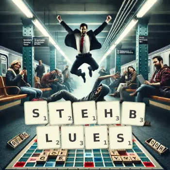 Kreative Illustration für ein Scrabble-Spiel, bei dem das Wort STEHBLUES mit Steinen auf dem Brett gelegt wurde.