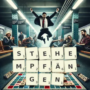 Kreative Illustration für ein Scrabble-Spiel, bei dem das Wort STEHEMPFÄNGEN mit Steinen auf dem Brett gelegt wurde.
