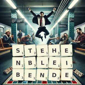 Kreative Illustration für ein Scrabble-Spiel, bei dem das Wort STEHENBLEIBENDE mit Steinen auf dem Brett gelegt wurde.