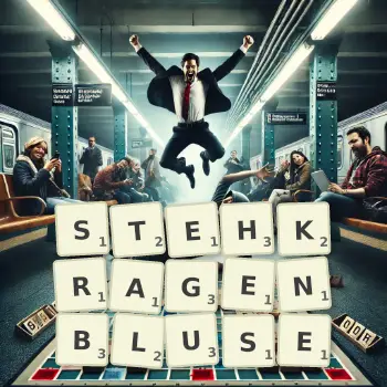 Kreative Illustration für ein Scrabble-Spiel, bei dem das Wort STEHKRAGENBLUSE mit Steinen auf dem Brett gelegt wurde.