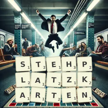 Kreative Illustration für ein Scrabble-Spiel, bei dem das Wort STEHPLATZKARTEN mit Steinen auf dem Brett gelegt wurde.