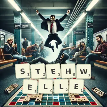 Kreative Illustration für ein Scrabble-Spiel, bei dem das Wort STEHWELLE mit Steinen auf dem Brett gelegt wurde.