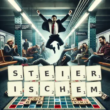 Kreative Illustration für ein Scrabble-Spiel, bei dem das Wort STEIERISCHEM mit Steinen auf dem Brett gelegt wurde.