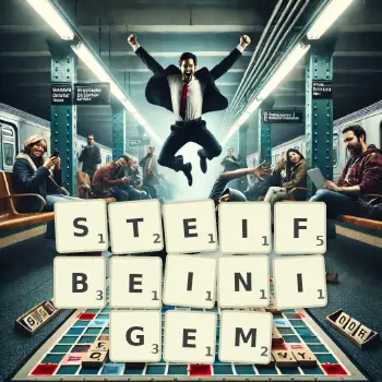 Kreative Illustration für ein Scrabble-Spiel, bei dem das Wort STEIFBEINIGEM mit Steinen auf dem Brett gelegt wurde.