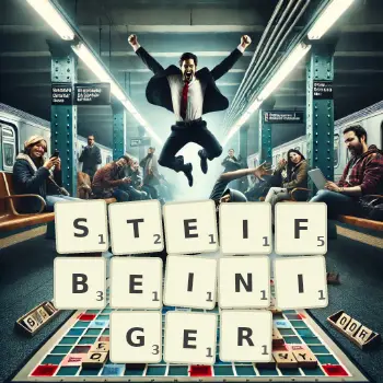 Kreative Illustration für ein Scrabble-Spiel, bei dem das Wort STEIFBEINIGER mit Steinen auf dem Brett gelegt wurde.