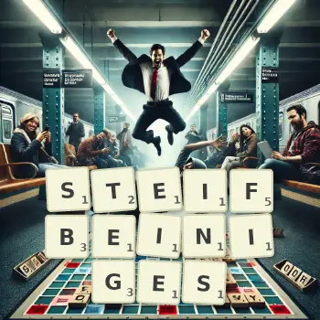 Kreative Illustration für ein Scrabble-Spiel, bei dem das Wort STEIFBEINIGES mit Steinen auf dem Brett gelegt wurde.