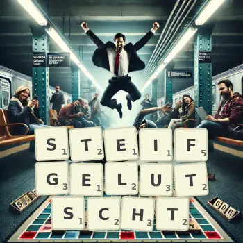 Kreative Illustration für ein Scrabble-Spiel, bei dem das Wort STEIFGELUTSCHT mit Steinen auf dem Brett gelegt wurde.
