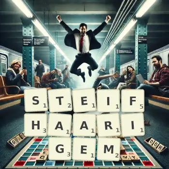 Kreative Illustration für ein Scrabble-Spiel, bei dem das Wort STEIFHAARIGEM mit Steinen auf dem Brett gelegt wurde.