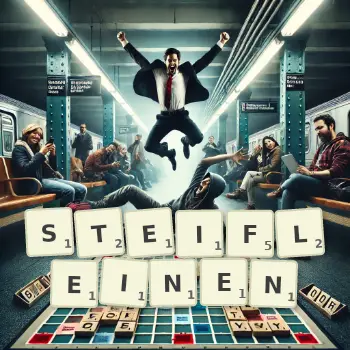 Kreative Illustration für ein Scrabble-Spiel, bei dem das Wort STEIFLEINEN mit Steinen auf dem Brett gelegt wurde.