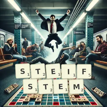Kreative Illustration für ein Scrabble-Spiel, bei dem das Wort STEIFSTEM mit Steinen auf dem Brett gelegt wurde.