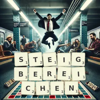 Kreative Illustration für ein Scrabble-Spiel, bei dem das Wort STEIGBEREICHEN mit Steinen auf dem Brett gelegt wurde.