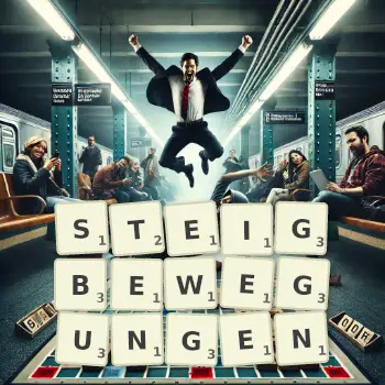 Kreative Illustration für ein Scrabble-Spiel, bei dem das Wort STEIGBEWEGUNGEN mit Steinen auf dem Brett gelegt wurde.