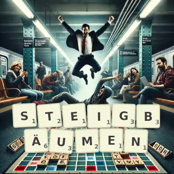 Kreative Illustration für ein Scrabble-Spiel, bei dem das Wort STEIGBÄUMEN mit Steinen auf dem Brett gelegt wurde.