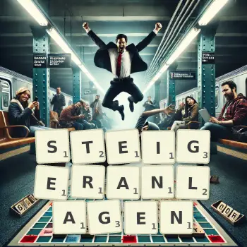 Kreative Illustration für ein Scrabble-Spiel, bei dem das Wort STEIGERANLAGEN mit Steinen auf dem Brett gelegt wurde.