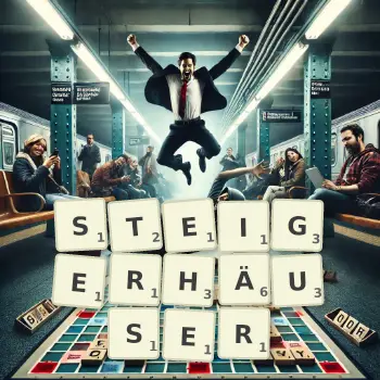 Kreative Illustration für ein Scrabble-Spiel, bei dem das Wort STEIGERHÄUSER mit Steinen auf dem Brett gelegt wurde.