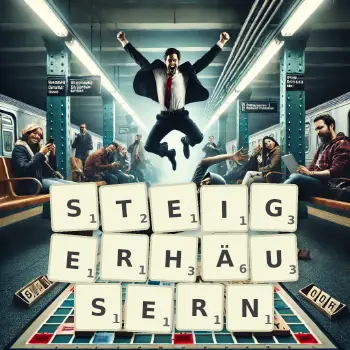 Kreative Illustration für ein Scrabble-Spiel, bei dem das Wort STEIGERHÄUSERN mit Steinen auf dem Brett gelegt wurde.