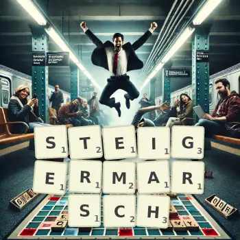 Kreative Illustration für ein Scrabble-Spiel, bei dem das Wort STEIGERMARSCH mit Steinen auf dem Brett gelegt wurde.