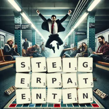 Kreative Illustration für ein Scrabble-Spiel, bei dem das Wort STEIGERPATENTEN mit Steinen auf dem Brett gelegt wurde.