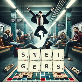 Kreative Illustration für ein Scrabble-Spiel, bei dem das Wort STEIGERS mit Steinen auf dem Brett gelegt wurde.