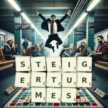 Kreative Illustration für ein Scrabble-Spiel, bei dem das Wort STEIGERTURMES mit Steinen auf dem Brett gelegt wurde.