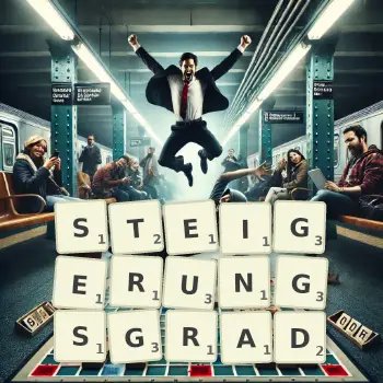 Kreative Illustration für ein Scrabble-Spiel, bei dem das Wort STEIGERUNGSGRAD mit Steinen auf dem Brett gelegt wurde.
