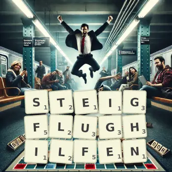 Kreative Illustration für ein Scrabble-Spiel, bei dem das Wort STEIGFLUGHILFEN mit Steinen auf dem Brett gelegt wurde.