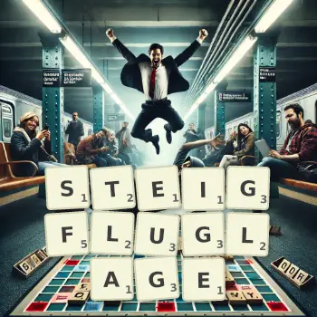 Kreative Illustration für ein Scrabble-Spiel, bei dem das Wort STEIGFLUGLAGE mit Steinen auf dem Brett gelegt wurde.