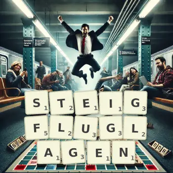 Kreative Illustration für ein Scrabble-Spiel, bei dem das Wort STEIGFLUGLAGEN mit Steinen auf dem Brett gelegt wurde.
