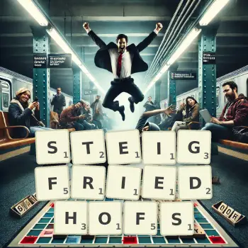 Kreative Illustration für ein Scrabble-Spiel, bei dem das Wort STEIGFRIEDHOFS mit Steinen auf dem Brett gelegt wurde.