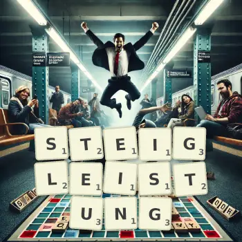 Kreative Illustration für ein Scrabble-Spiel, bei dem das Wort STEIGLEISTUNG mit Steinen auf dem Brett gelegt wurde.