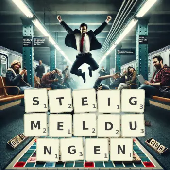 Kreative Illustration für ein Scrabble-Spiel, bei dem das Wort STEIGMELDUNGEN mit Steinen auf dem Brett gelegt wurde.