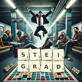 Kreative Illustration für ein Scrabble-Spiel, bei dem das Wort STEIGRAD mit Steinen auf dem Brett gelegt wurde.